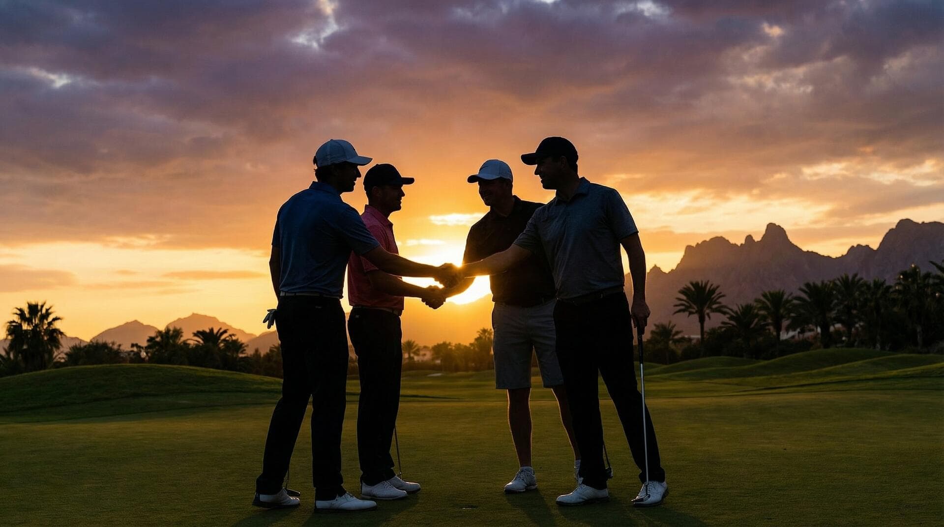 Four golfers shaking hands at sunset after finishing round