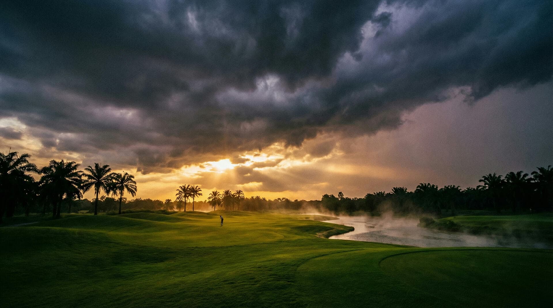 Dramatic Thai golf course with storm clouds