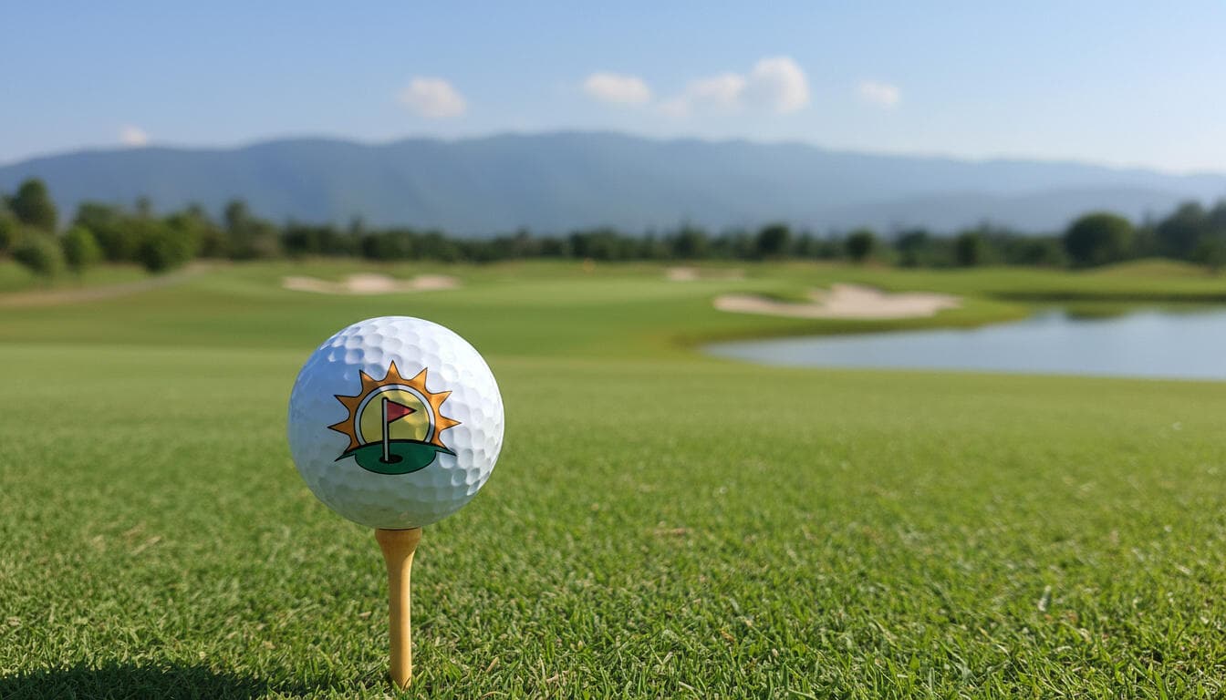 SawadeeGolf branded golf ball on tee at Thai golf course