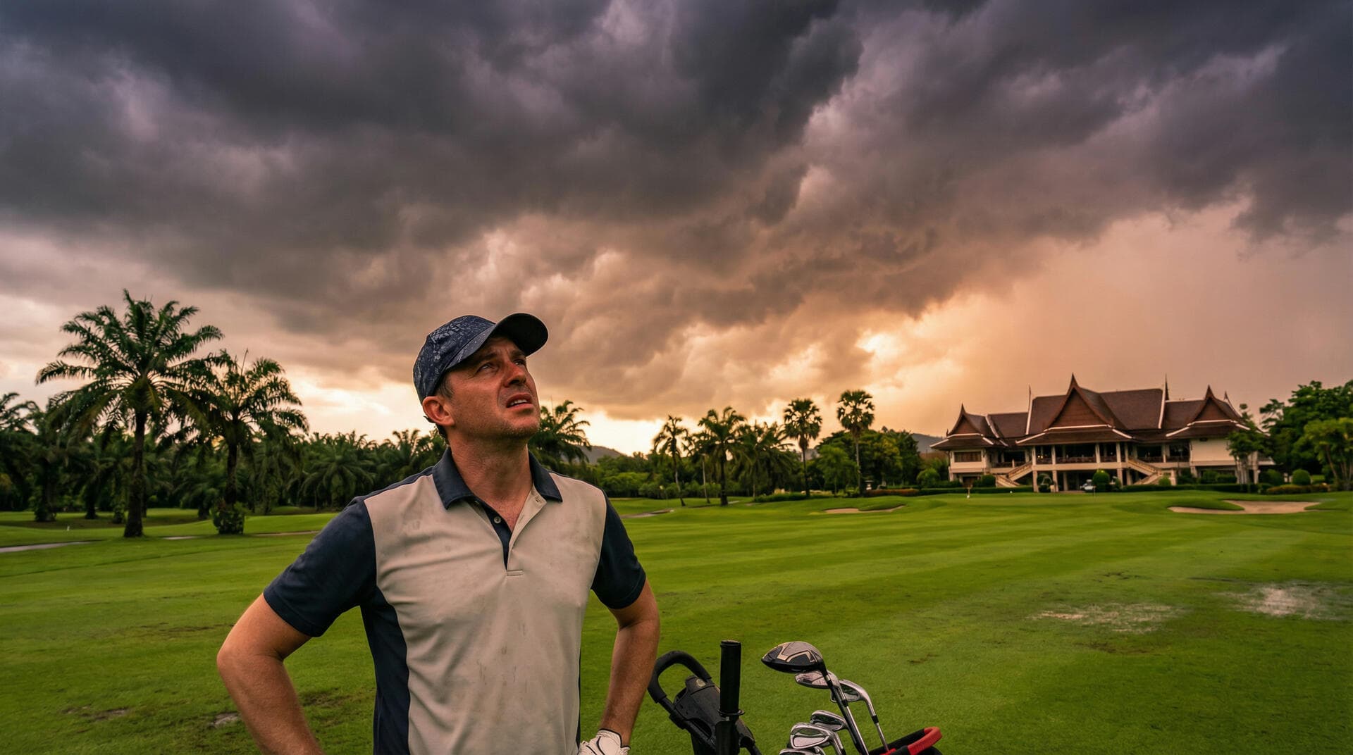 Golfer on Thai golf course with approaching storm clouds