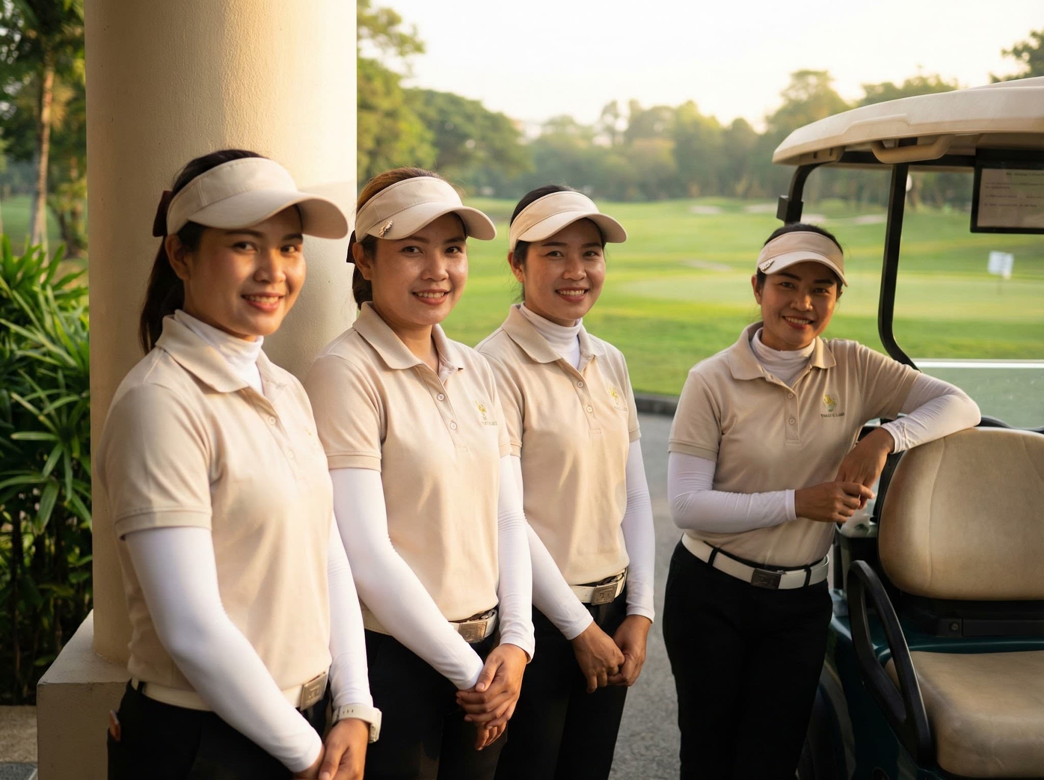 Thai female golf caddies at bag drop