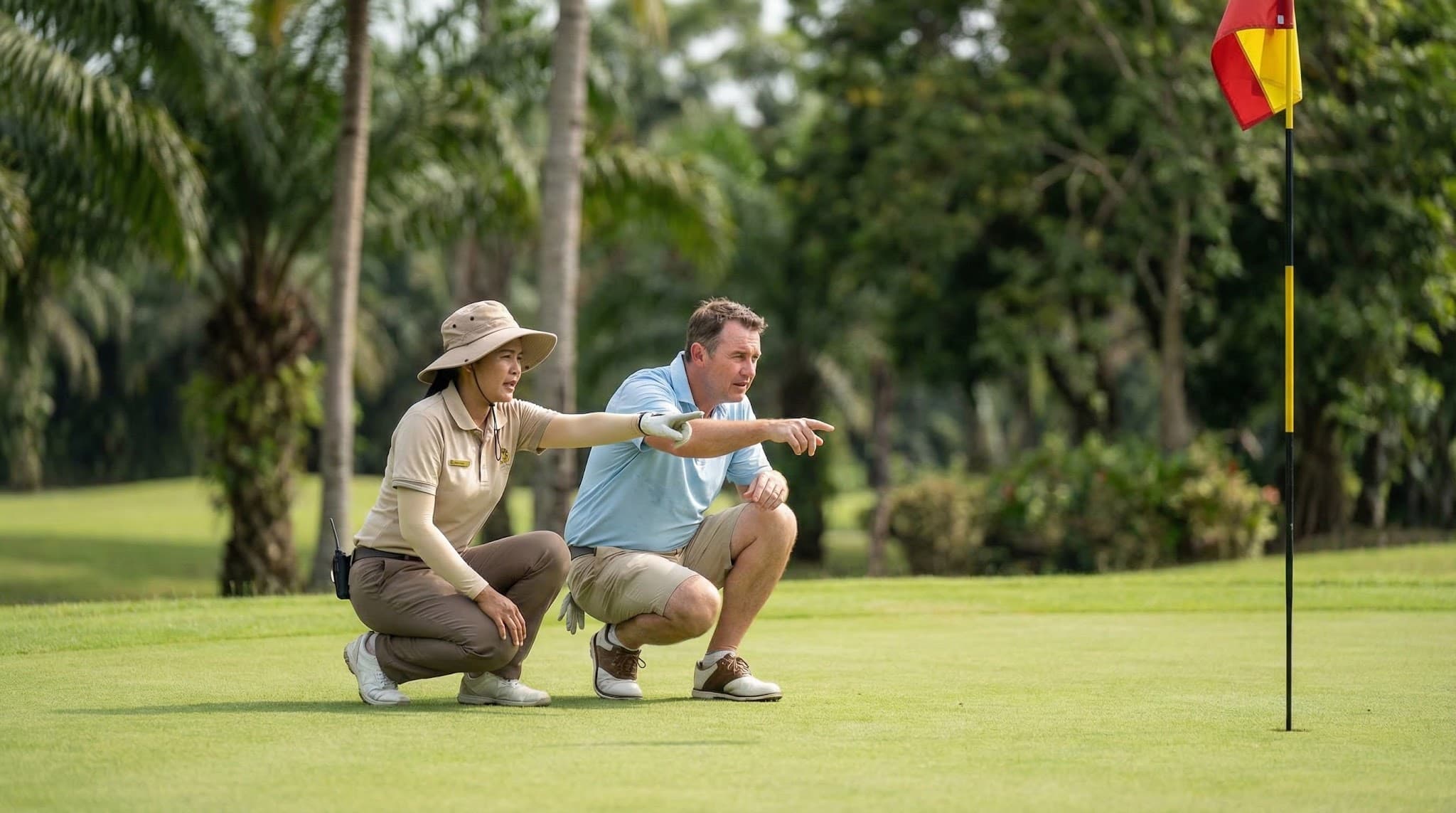 Golfer and caddie reading a putt together