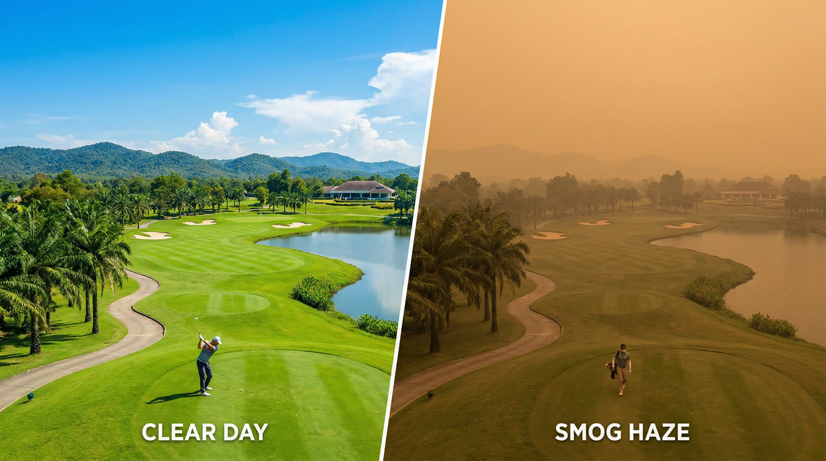 Side-by-side: clear day vs haze on a Thai golf course
